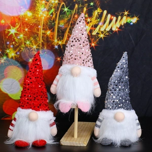 Three-piece glowing Christmas gnome set with sequin hats in red pink and grey