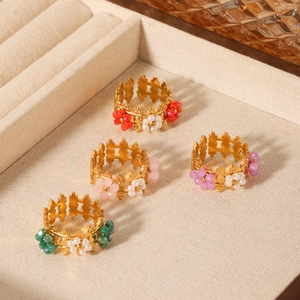 Bague Ouverte Couronne Fleur Acier Inoxydable Künstliche Perles Ajustable Fausse Künstliche Perle Vintage Français Bijoux Pour Femmes