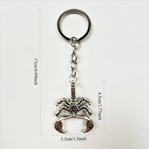 Silver scorpion keychain with dimension labels 17cm total length and 4.5cm pendant size