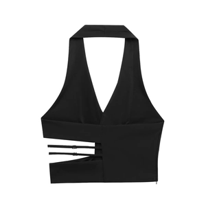 Zwarte halter crop top voor dames met uitsnijdingen aan de zijkant en metalen gespen