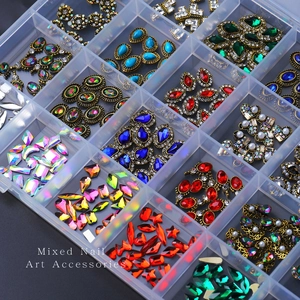 Mixed shape flatback glass rhinestones and alloy charms in a 24-grid organizer box