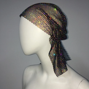 Detail of black mesh bandana with multi-color rhinestones for party wear accessories
