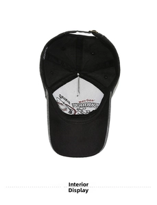 Detail view of baseball cap interior with stitching, sweatband, and adjustable strap
