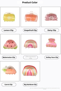 Close-up of colorful acrylic fruit and rainbow hair clips with glitter finish