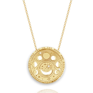 Detailed close-up of golden moon and star tarot pendant with Love You engraving
