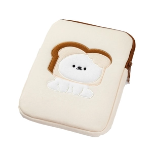 Padded off-white tablet sleeve with cute bread dog embroidery and brown zipper