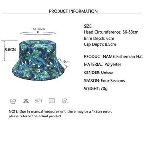 Tropical banana leaf print bucket hat with size chart for 56-58cm head circumference
