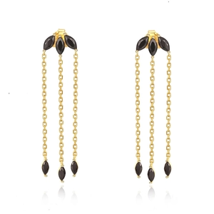 Detailed view of S925 silver tassel earrings with black marquise gems and gold chains