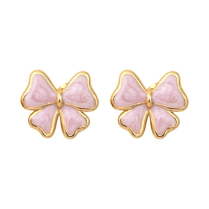 Pink enamel bow earrings with gold trim for women in high-quality stainless steel