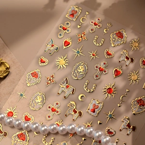 Baroque style gold and red nail art stickers with cross rose and heart relief patterns