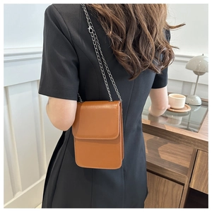 Brown mini crossbody phone bag with silver chain strap shown from a back perspective