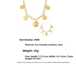 Detail of gold queen portrait coin pendant with stainless steel large link chain specs