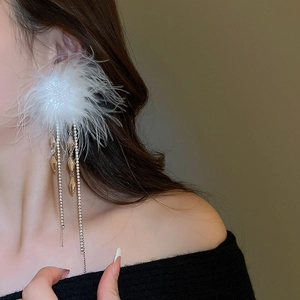 Bohemian long feather earrings with rhinestone chain on model with dark clothing