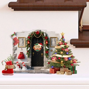 Detailed Christmas wall decals showing a festive tree, snowman, and holiday gift boot