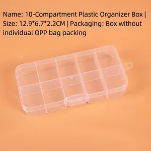 Top view of a 10-compartment transparent plastic storage box measuring 12.9x6.7x2.2cm