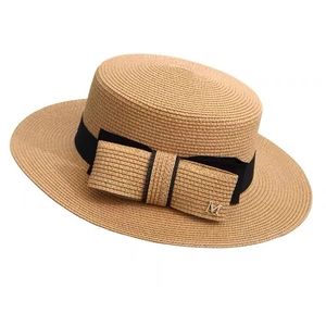 Damen Strohhut Flachschirm Breiter Rand Elegant Französisch Vintage Sonnenschutz Schleife Strandurlaub