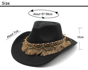 Detail view of retro wool felt jazz hat with size specs: 57-58cm brim and 12cm height