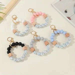Beaded Keychain Wristlet Silicone And Wood Beads Bracelet Key Ring Fashion Bag Charm Accessories For Women With Metal Cling