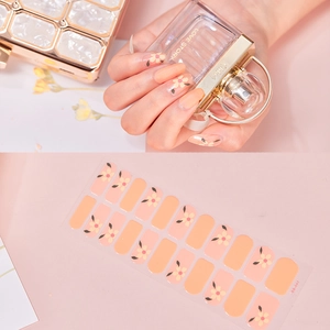 Detail of pink floral nail stickers featuring yellow flowers and green leaves pattern