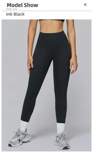 Detail of high-waisted yoga leggings in inky black with brushed elastic texture