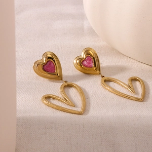 Chic 18k gold plated stainless steel heart drop earrings with pink glitter inlay