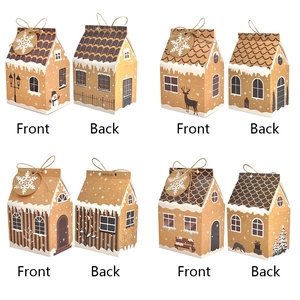 Front and back views of house-shaped Christmas kraft candy boxes with twine and tags