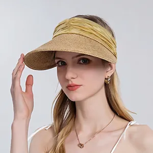 Women's woven straw sun visor hat with yellow pleated silk headband for beach shade