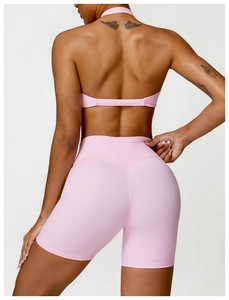 Vue arrière du short de fitness rose taille haute avec coutures galbantes et tissu mat