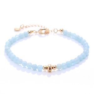 Natural aquamarine beaded bracelet with gold heart pendant and lobster clasp closure