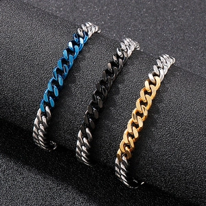 Minimalist stainless steel two-tone cuban chains in black, gold, and blue on dark background