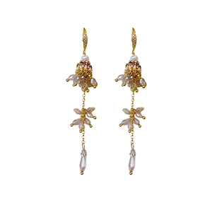 Bohemian pearl fringe earrings with colorful beads and crystal tassels on gold hooks