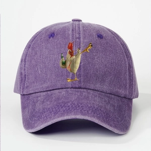 Detail showing high-quality purple washed cotton fabric and Heihei rooster embroidery
