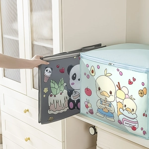 Detail showing two foldable cartoon storage bags with handles for organizing clothes