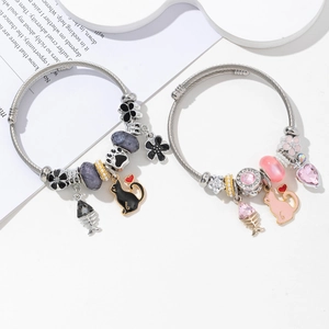 Adjustable stainless steel bracelets with crystal beads, cat and flower charms set