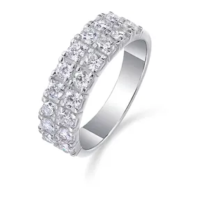 Elegant Double Row 925 Sterling Silver Moissanite Ring For Women Sparkling Round Inlaid Finger Ring Fashion Jewelry For Wedding Party