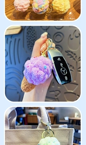 Close-up of handmade crochet ice cream keychains in colorful styles on a bag
