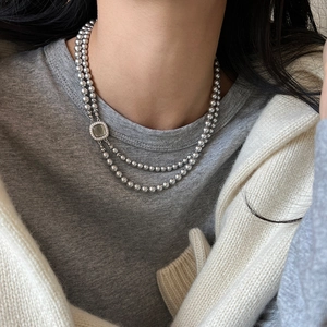 Layered Grey Faux Artificial Pearl Necklace With Square Zircon Shell Clasp French Vintage Style Clavicle Chain For Women Jewelry
