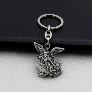 Religious Saint Michael medal keychain made of silver-tone metal for car and bag hanging