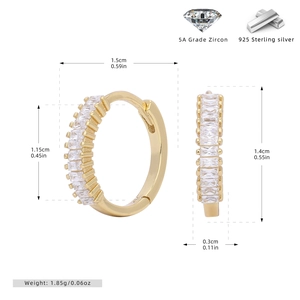 Detail view of gold S925 sterling silver hoop earrings with 5A cubic zirconia and size specs