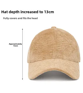 Detail view of khaki corduroy baseball cap featuring a quilted diamond pattern and 13cm depth