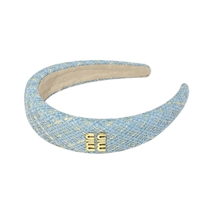 Cerchietto in tweed blu con logo metallico dorato e raffinato stile retrò chic
