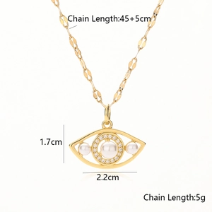 Collier œil de protection avec perle centrale et zircons sur monture en cuivre doré