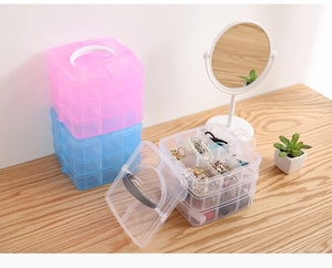 Multi-layer plastic jewelry organizer box with handle in pink blue and clear colors