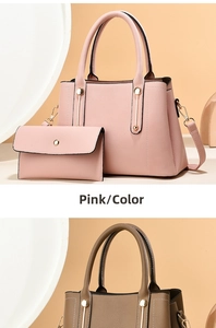 Detail of pink and brown leather handbags featuring golden metal hardware and lychee texture