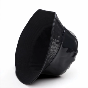 Glossy black faux leather bucket hat with a reflective finish and comfortable inner lining