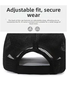 Detail of breathable black mesh baseball cap showing the adjustable rear strap closure