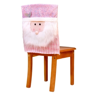 Pink sequin Santa Claus chair cover with white faux fur beard and plaid pattern decor