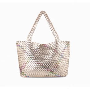 Detailed macro view of metallic champagne gold woven tote with iridescent rainbow accents