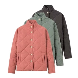 Quilted diamond patterns on stand-collar cotton jackets in pink, green, and dark grey colors