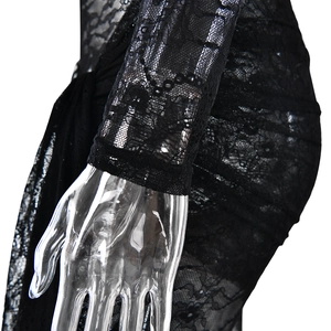Close-up of black lace texture and long sleeve cuff on slim fit sexy bodysuit